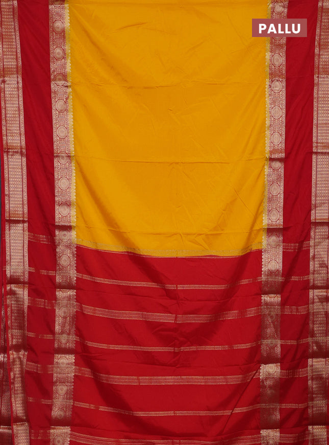 Semi mysore silk saree yellow and red with plain body and rettapet zari woven border