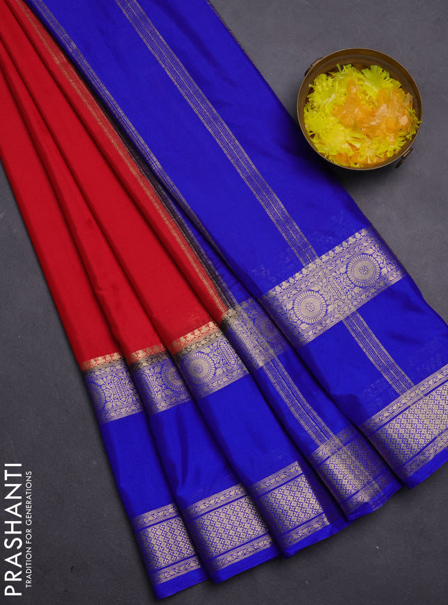 Semi mysore silk saree red and royal blue with plain body and rettapet zari woven border