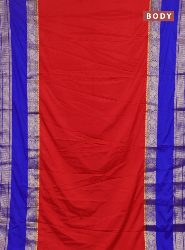 Semi mysore silk saree red and royal blue with plain body and rettapet zari woven border