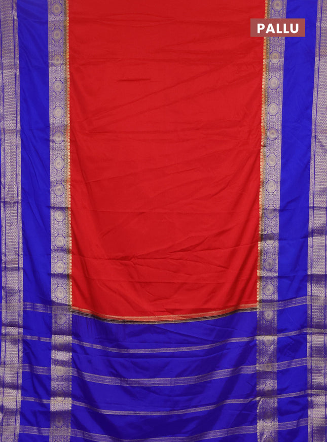 Semi mysore silk saree red and royal blue with plain body and rettapet zari woven border