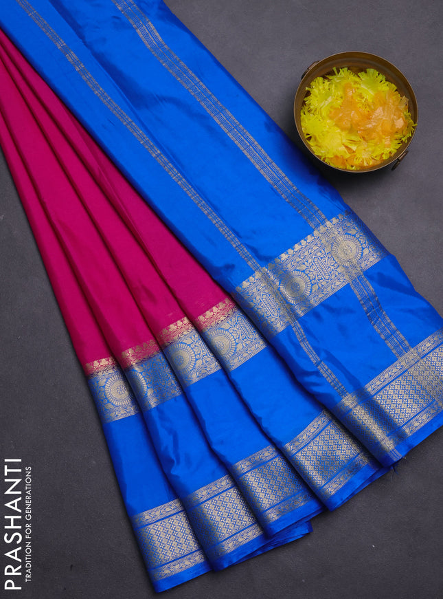 Semi mysore silk saree pink and cs blue with plain body and rettapet zari woven border