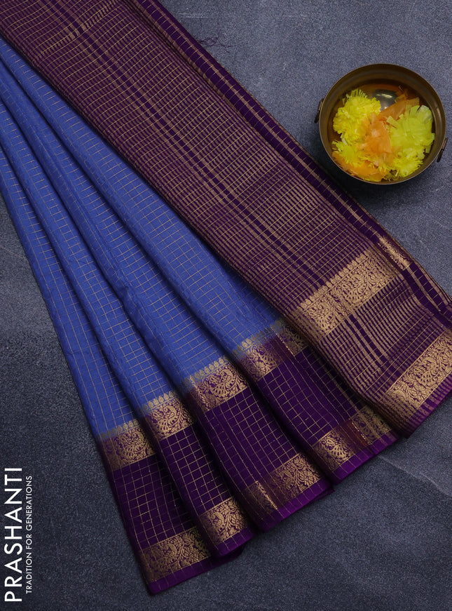 Semi mysore silk saree blue shade and purple with allover zari checked pattern and rettapet zari woven border