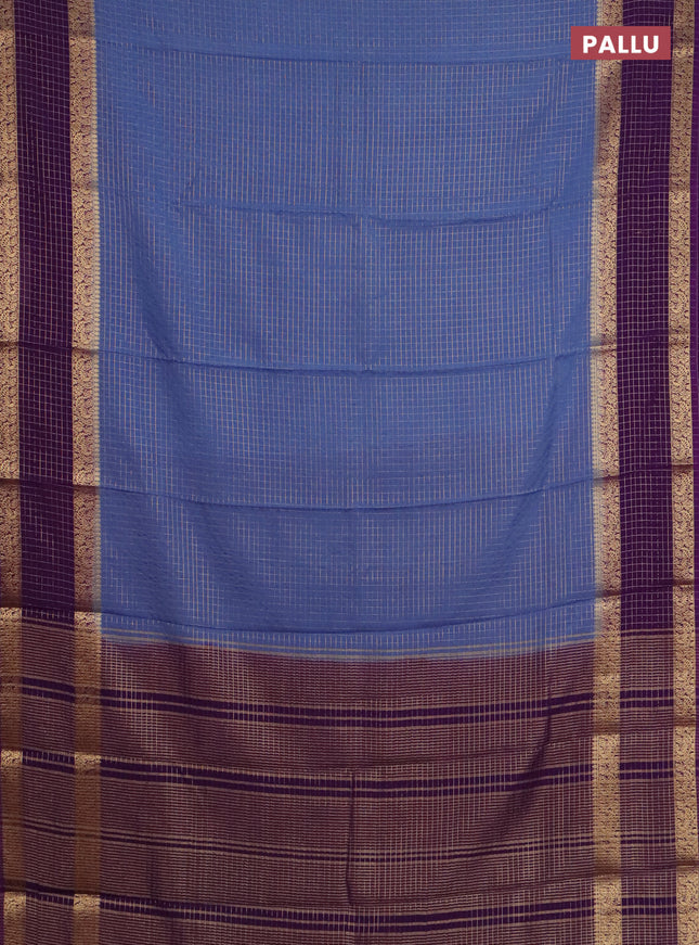 Semi mysore silk saree blue shade and purple with allover zari checked pattern and rettapet zari woven border