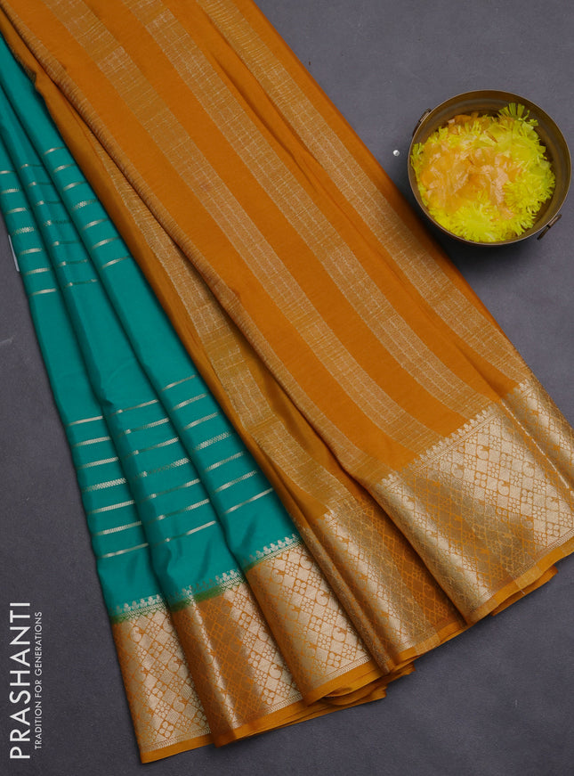 Semi mysore silk saree teal green and mustard yellow with allover zari weaves and zari woven border