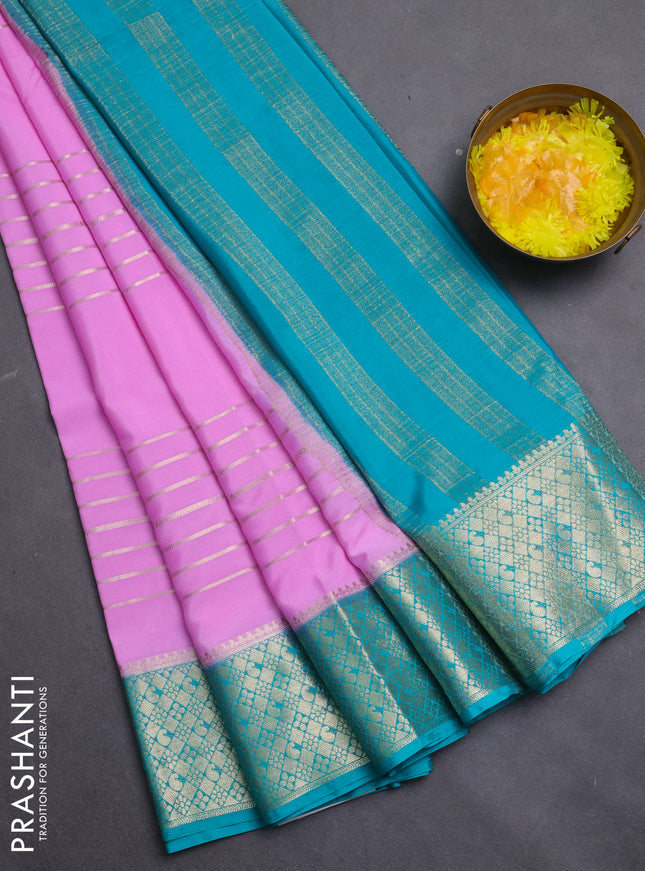 Semi mysore silk saree lotus pink and teal green with allover zari weaves and zari woven border