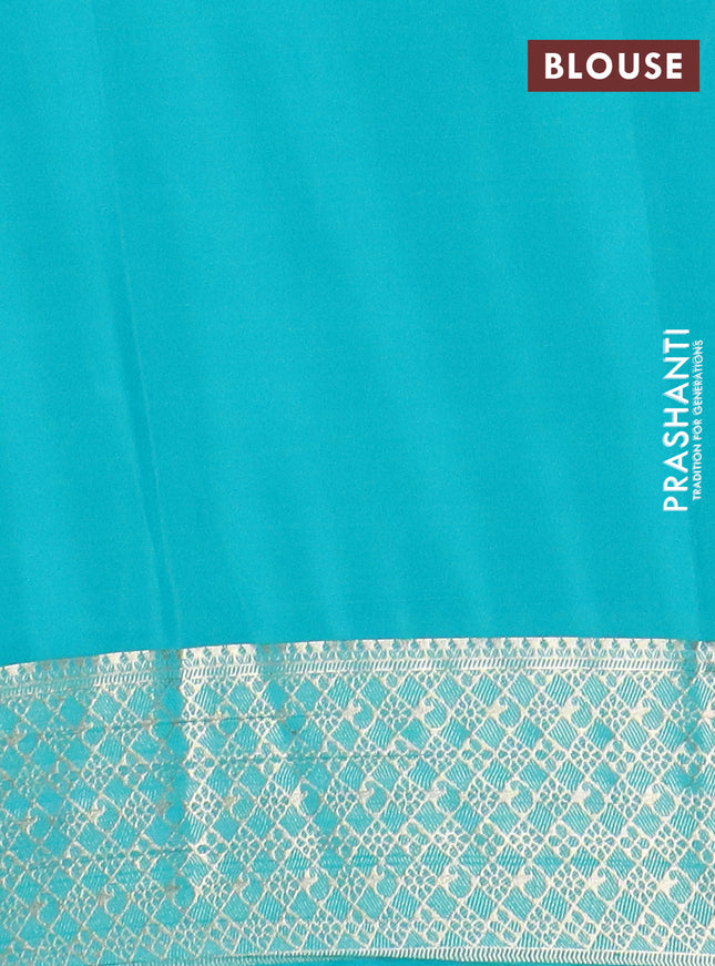Semi mysore silk saree lotus pink and teal green with allover zari weaves and zari woven border