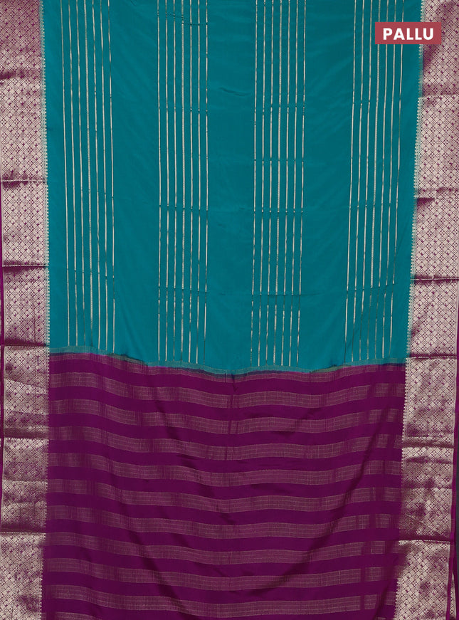 Semi mysore silk saree teal green and pink with allover zari weaves and zari woven border