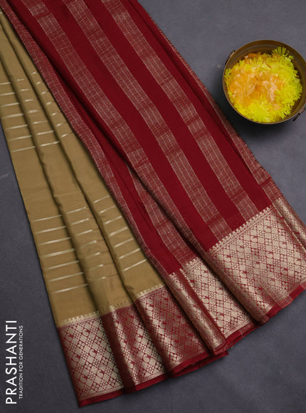 Semi mysore silk saree sandal and maroon with allover zari weaves and zari woven border