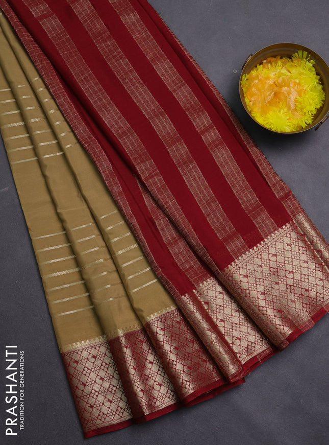 Semi mysore silk saree sandal and maroon with allover zari weaves and zari woven border
