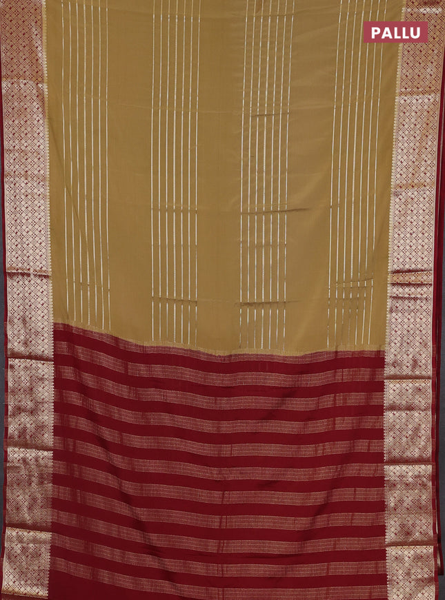 Semi mysore silk saree sandal and maroon with allover zari weaves and zari woven border