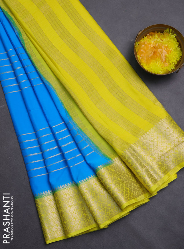 Semi mysore silk saree cs blue and lime yellow with allover zari weaves and zari woven border