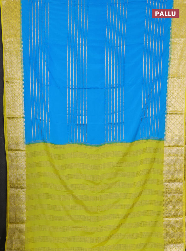Semi mysore silk saree cs blue and lime yellow with allover zari weaves and zari woven border