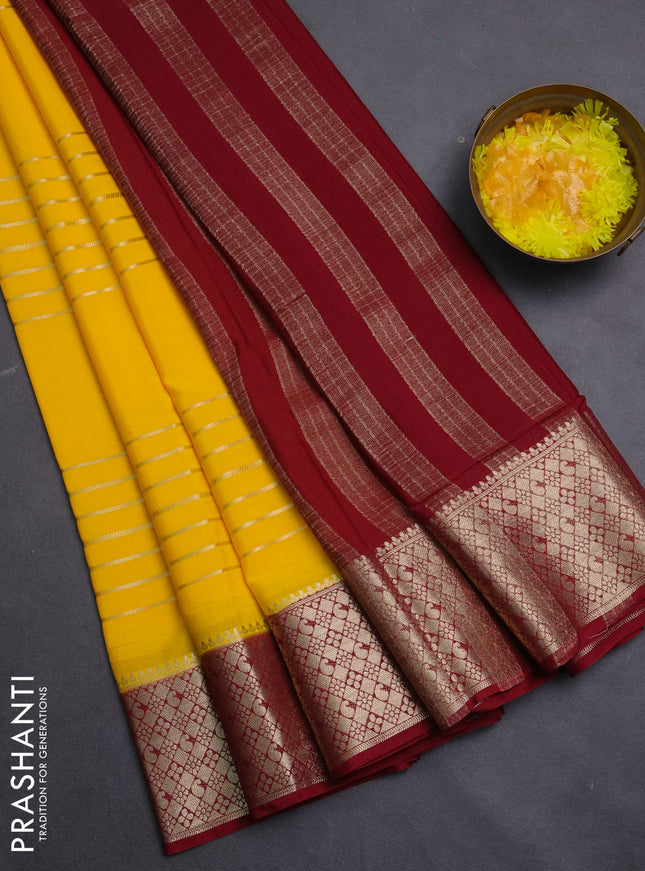 Semi mysore silk saree yellow and maroon with allover zari weaves and zari woven border