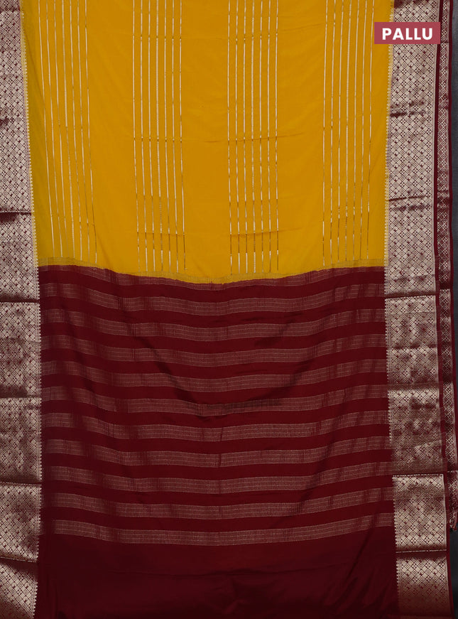 Semi mysore silk saree yellow and maroon with allover zari weaves and zari woven border