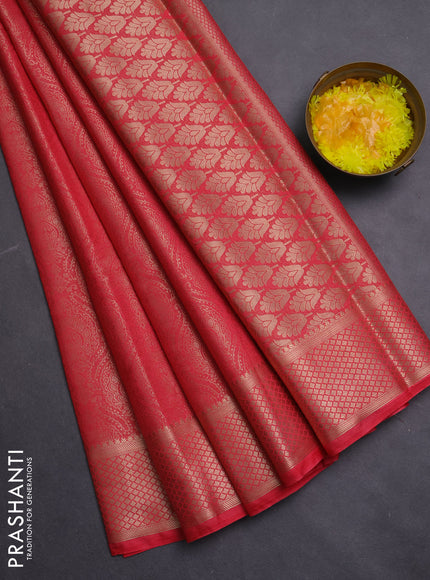 Semi mysore silk saree pink with allover zari woven brocade weaves and zari woven border