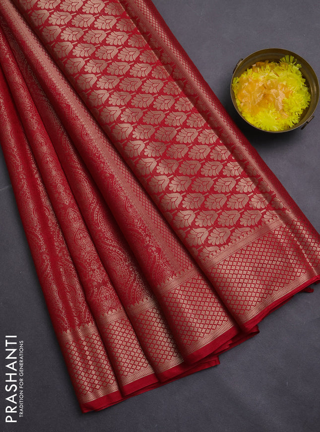 Semi mysore silk saree red with allover zari woven brocade weaves and zari woven border