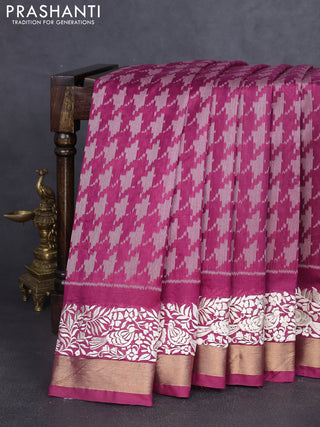 Semi dupion saree magenta pink with allover thread weaves and parsi embroidery work zari woven border