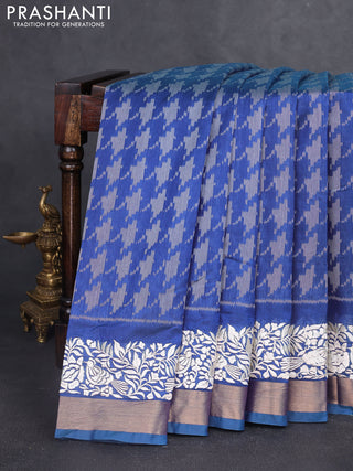 Semi dupion saree blue with allover thread weaves and parsi embroidery work zari woven border