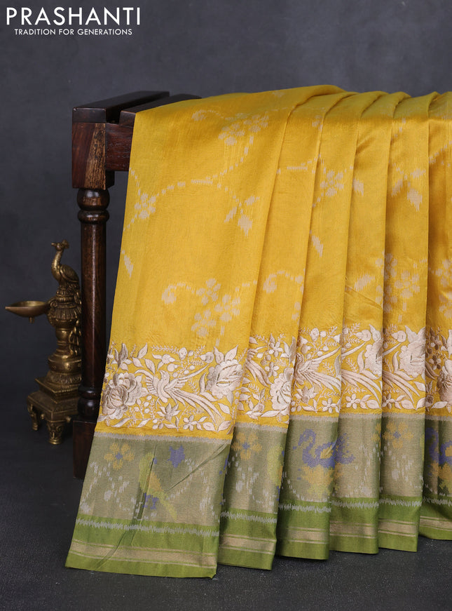 Semi dupion saree yellow and green with allover thread weaves and parsi embroidery work zari woven border
