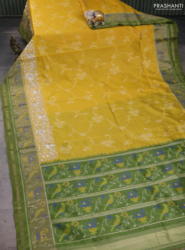 Semi dupion saree yellow and green with allover thread weaves and parsi embroidery work zari woven border