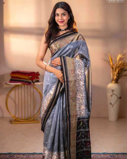 Semi dupion saree grey and black with allover thread weaves and parsi embroidery work zari woven border