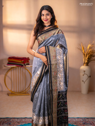 Semi dupion saree grey and black with allover thread weaves and parsi embroidery work zari woven border