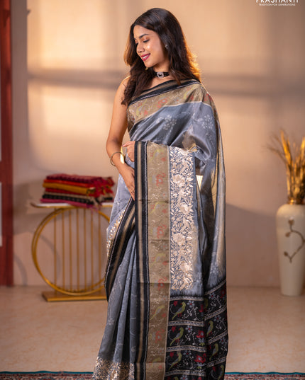 Semi dupion saree grey and black with allover thread weaves and parsi embroidery work zari woven border