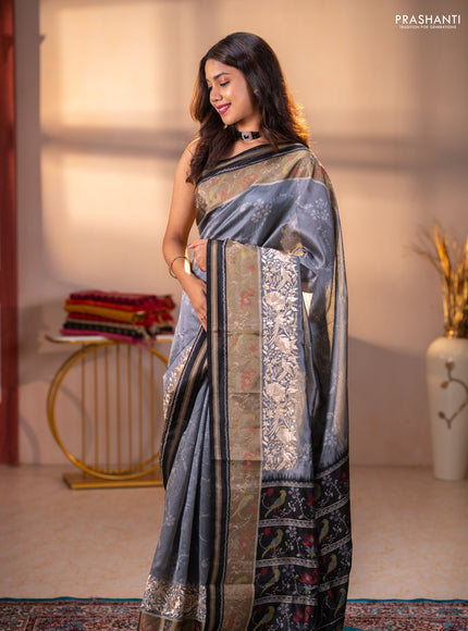 Semi dupion saree grey and black with allover thread weaves and parsi embroidery work zari woven border