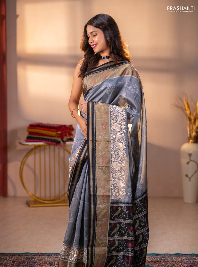 Semi dupion saree grey and black with allover thread weaves and parsi embroidery work zari woven border