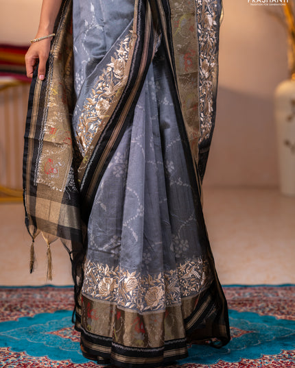 Semi dupion saree grey and black with allover thread weaves and parsi embroidery work zari woven border