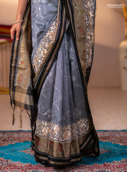 Semi dupion saree grey and black with allover thread weaves and parsi embroidery work zari woven border