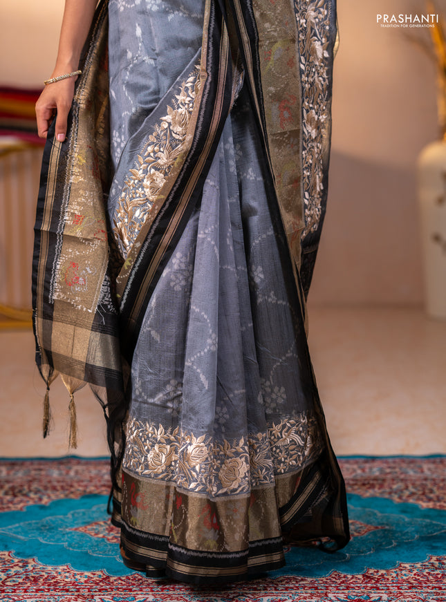 Semi dupion saree grey and black with allover thread weaves and parsi embroidery work zari woven border