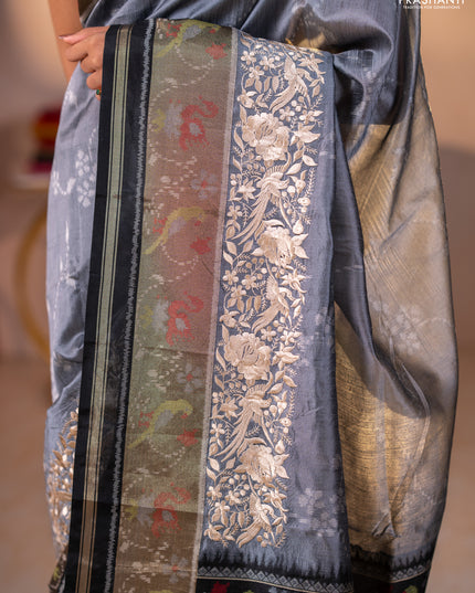 Semi dupion saree grey and black with allover thread weaves and parsi embroidery work zari woven border