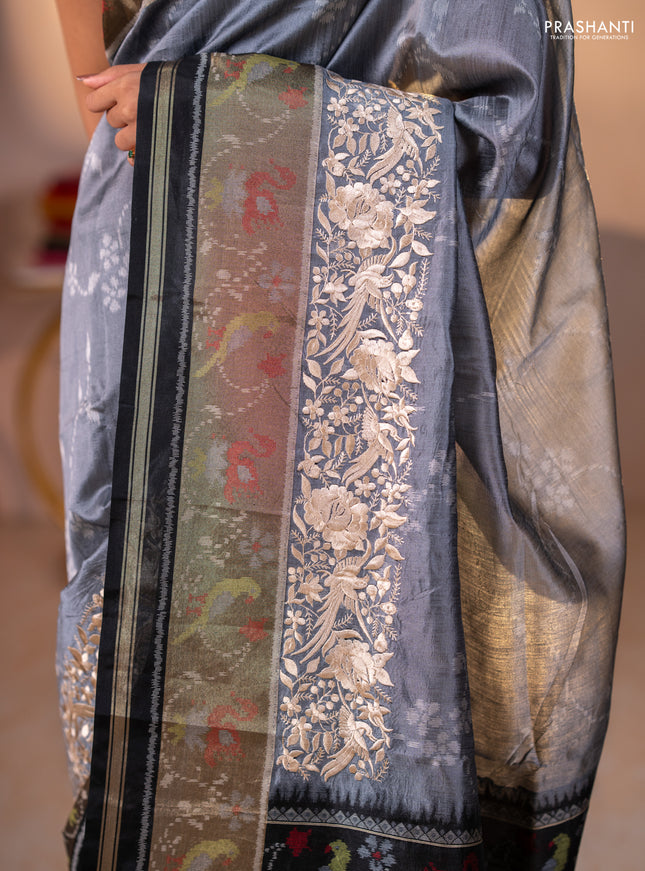 Semi dupion saree grey and black with allover thread weaves and parsi embroidery work zari woven border