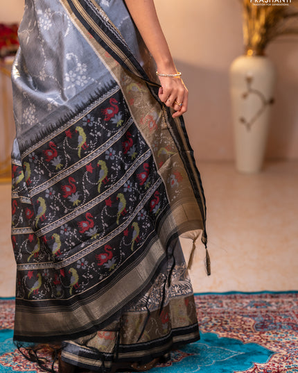 Semi dupion saree grey and black with allover thread weaves and parsi embroidery work zari woven border