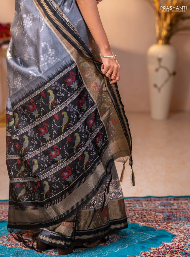 Semi dupion saree grey and black with allover thread weaves and parsi embroidery work zari woven border
