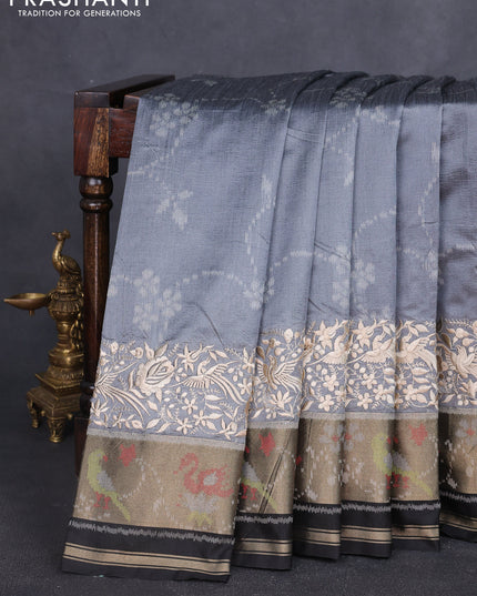 Semi dupion saree grey and black with allover thread weaves and parsi embroidery work zari woven border