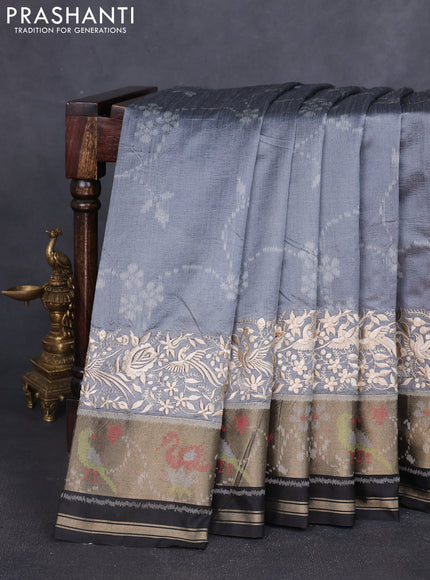 Semi dupion saree grey and black with allover thread weaves and parsi embroidery work zari woven border