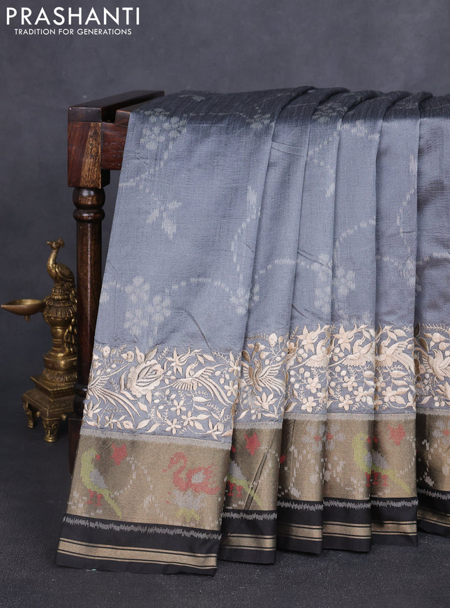 Semi dupion saree grey and black with allover thread weaves and parsi embroidery work zari woven border