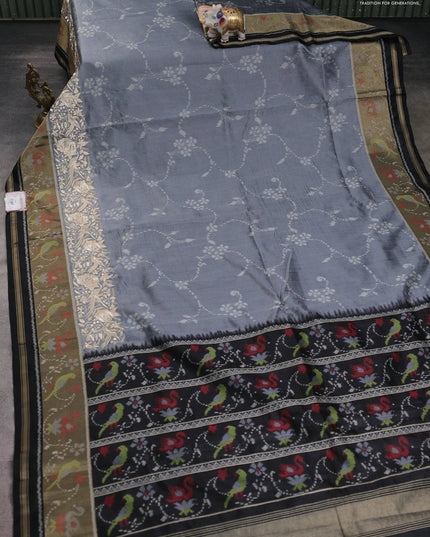 Semi dupion saree grey and black with allover thread weaves and parsi embroidery work zari woven border