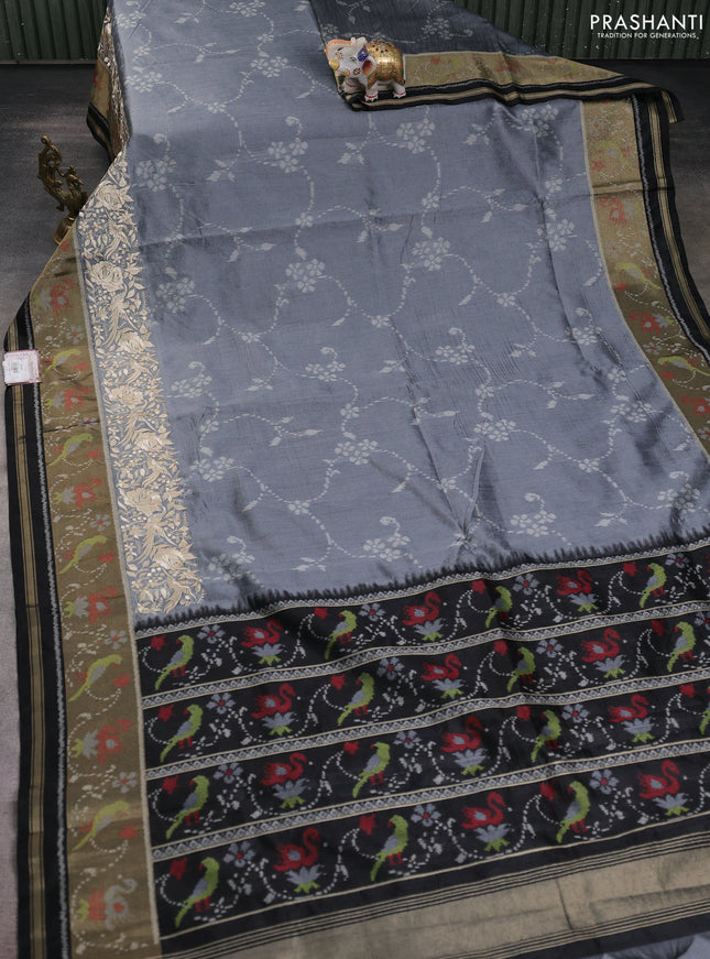 Semi dupion saree grey and black with allover thread weaves and parsi embroidery work zari woven border