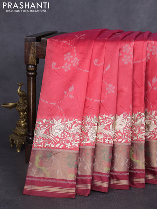 Semi dupion saree red shade and maroon with allover thread weaves and parsi embroidery work zari woven border