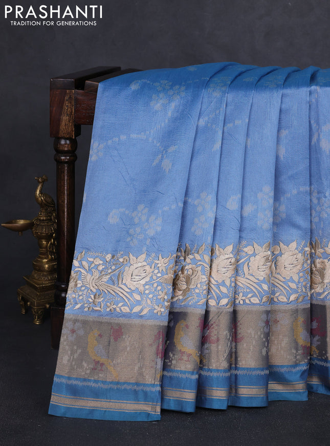 Semi dupion saree blue shade and peacock blue with allover thread weaves and parsi embroidery work zari woven border