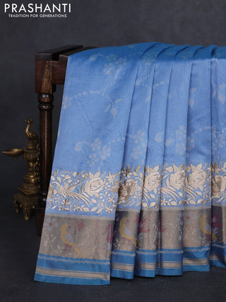Semi dupion saree blue shade and peacock blue with allover thread weaves and parsi embroidery work zari woven border