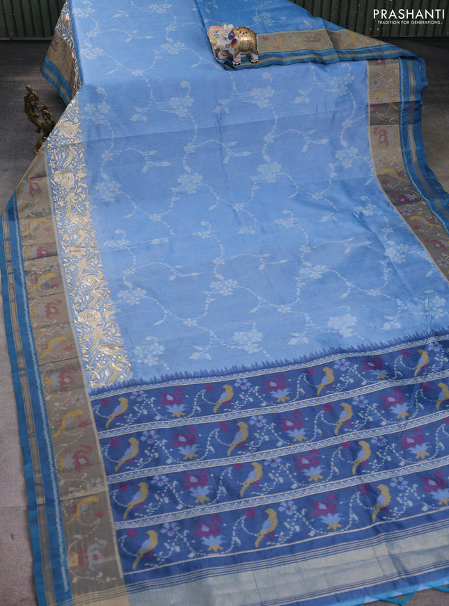 Semi dupion saree blue shade and peacock blue with allover thread weaves and parsi embroidery work zari woven border