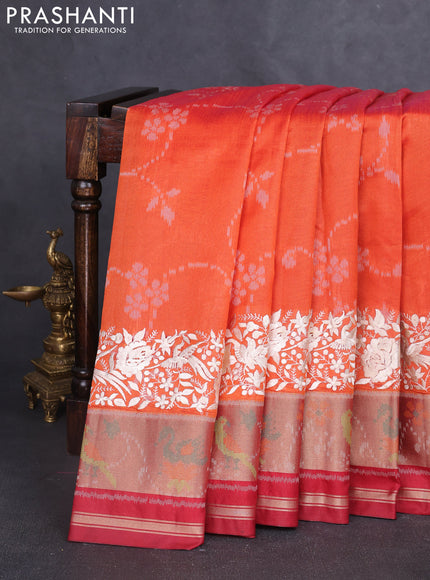 Semi dupion saree orange and maroon with allover thread weaves and parsi embroidery work zari woven border