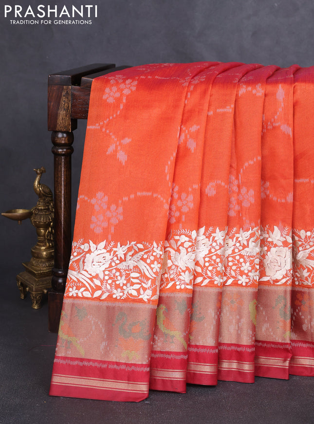 Semi dupion saree orange and maroon with allover thread weaves and parsi embroidery work zari woven border