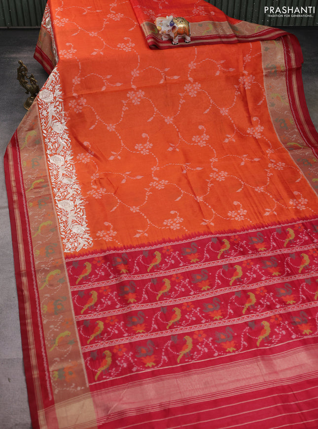 Semi dupion saree orange and maroon with allover thread weaves and parsi embroidery work zari woven border
