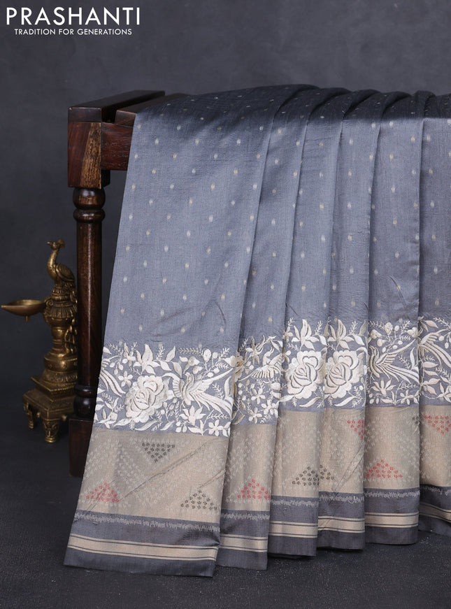 Semi dupion saree grey and black with allover thread & zari woven buttas and parsi embroidery work zari woven border