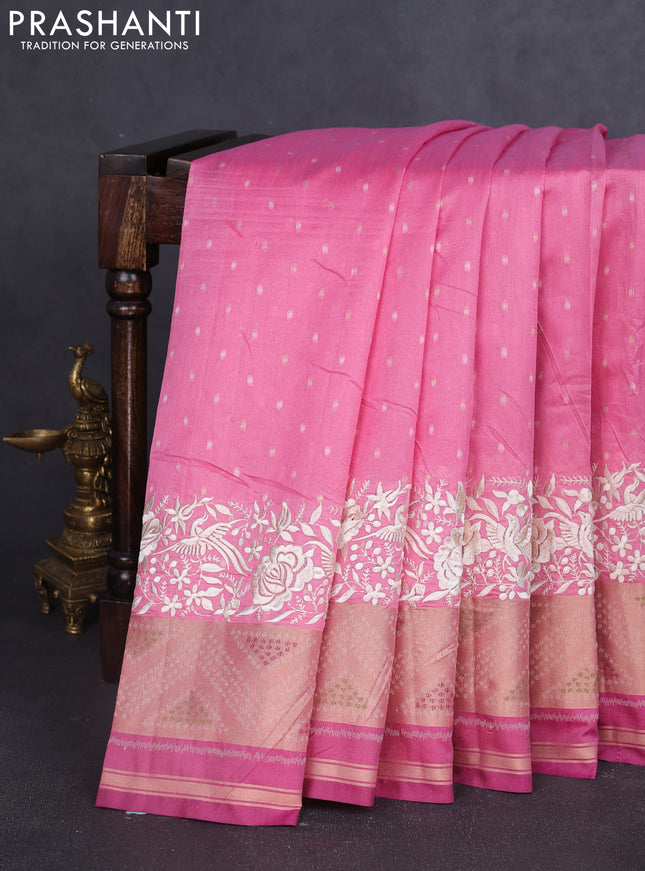 Semi dupion saree light pink and purple with allover thread & zari woven buttas and parsi embroidery work zari woven border